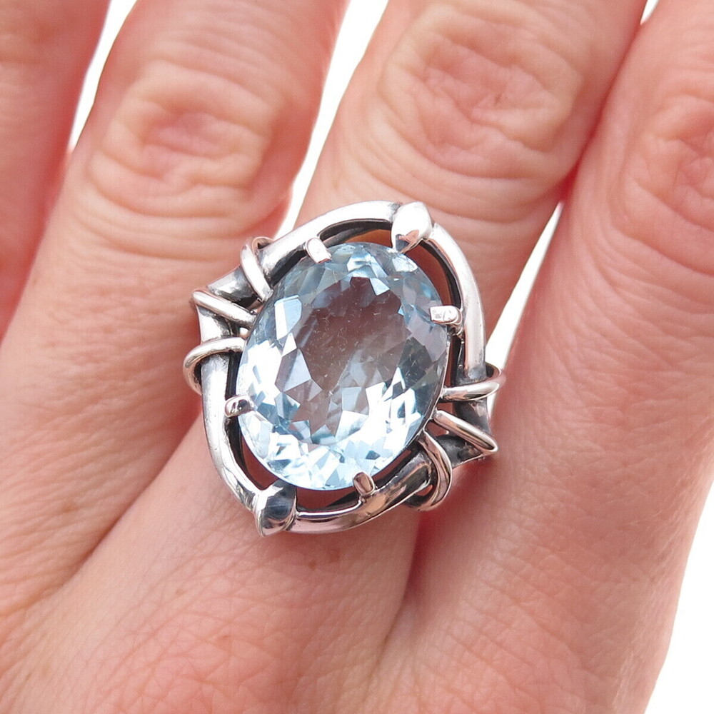 925 Sterling Silver Vintage Real Blue Topaz Modernist Oxidized Ring Size 7.5